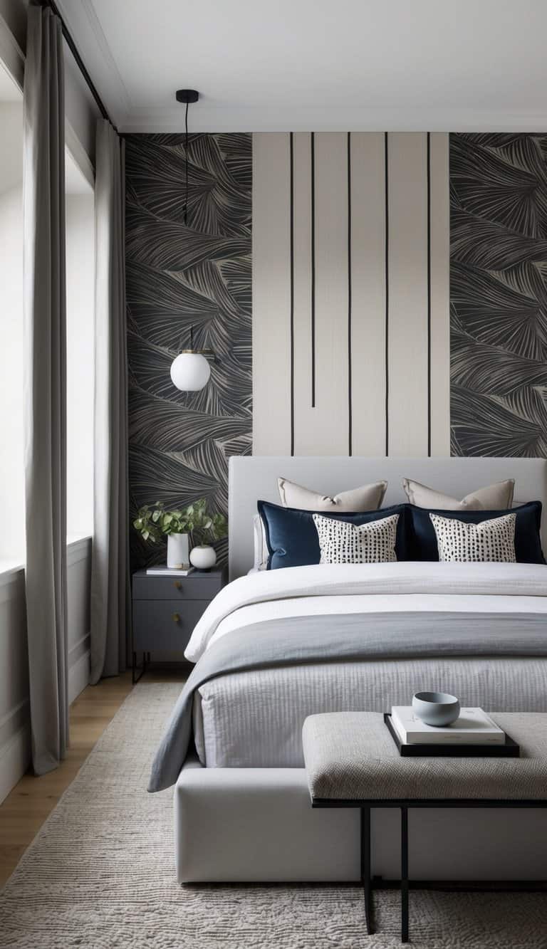 A bedroom with monochrome wallpaper featuring bold and subtle patterns, creating a modern and stylish atmosphere