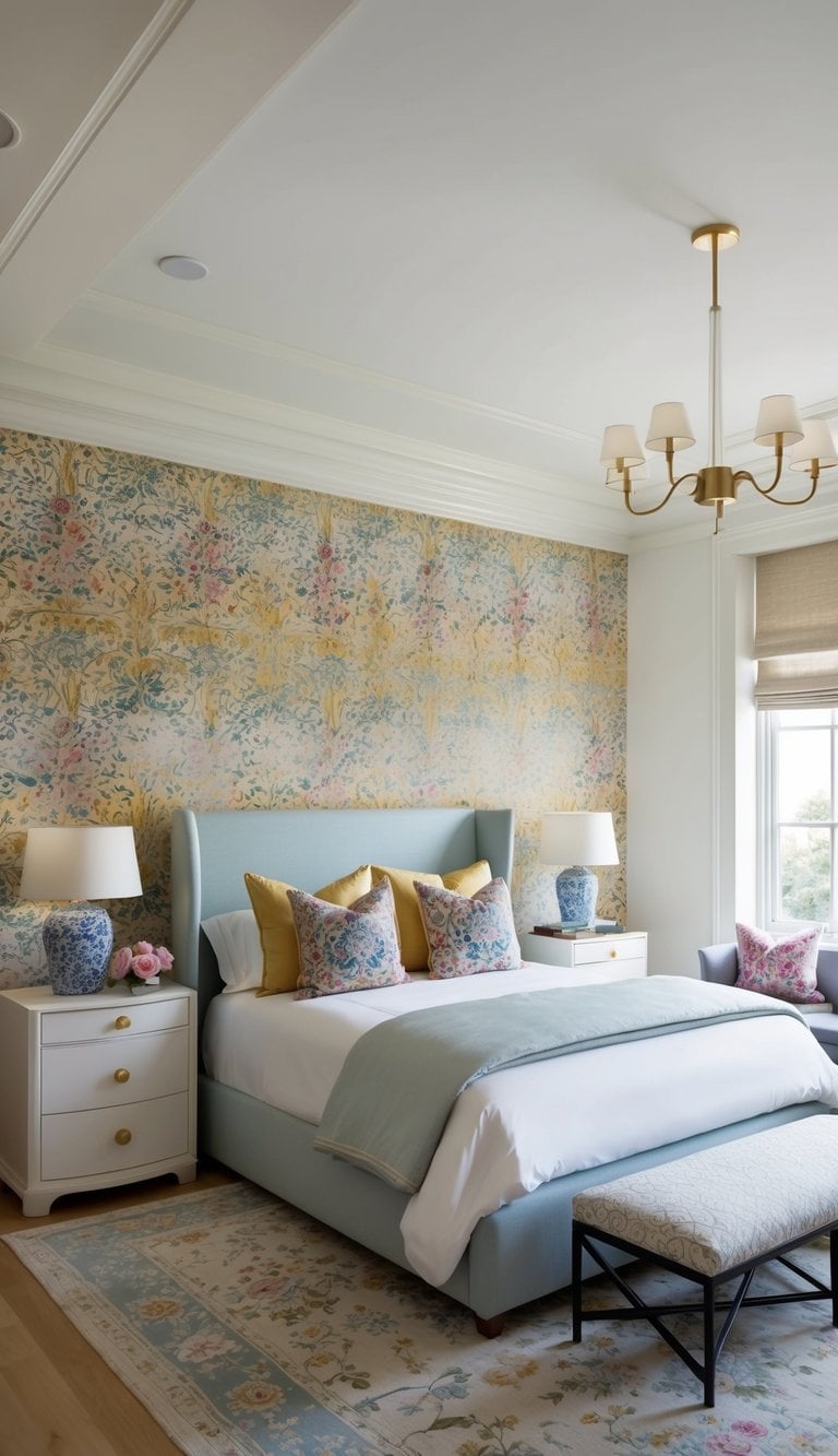 A bedroom with intricate chinoiserie wallpaper featuring vibrant colors and delicate patterns, paired with elegant furnishings and soft lighting