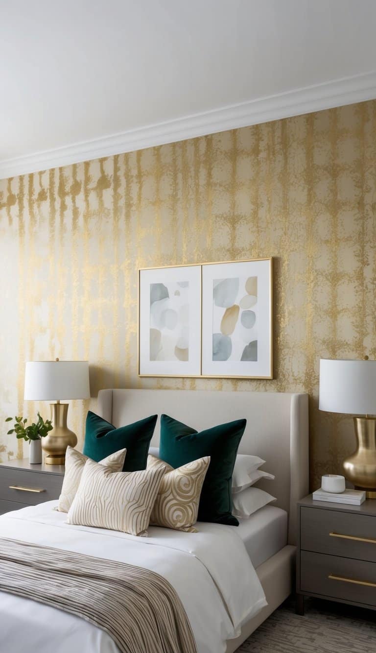 A bedroom with gold-accented wallpaper, featuring bold or subtle patterns for a luxurious and stylish look