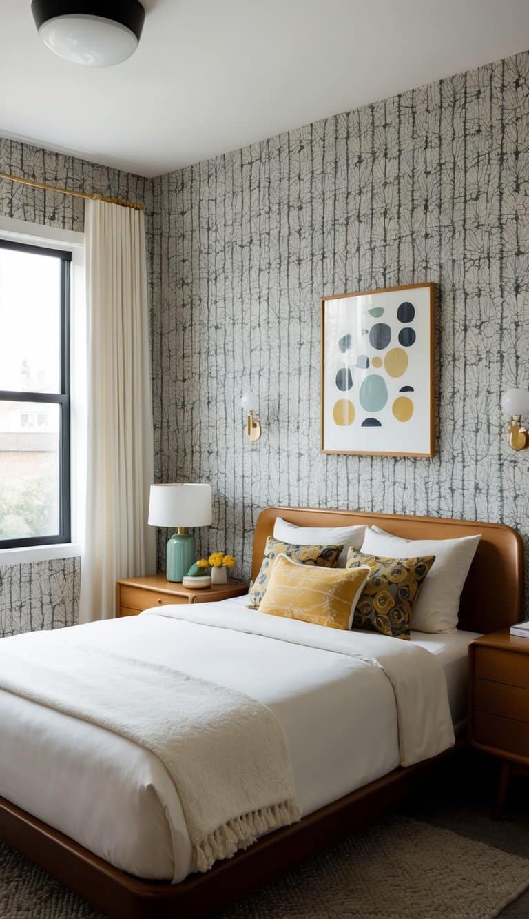 A cozy bedroom with mid-century modern flair, featuring patterned wallpaper in bold or subtle designs, complemented by retro furniture and decor