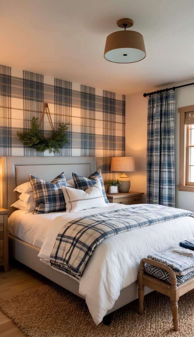 A cozy farmhouse bedroom with plaid wallpaper, warm lighting, and patterned textiles creating a cozy and inviting atmosphere