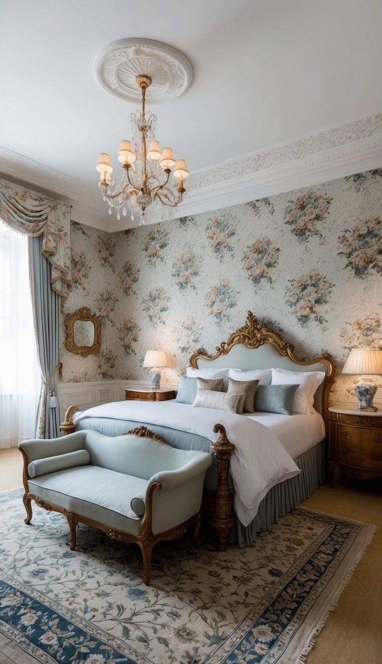 A luxurious Victorian bedroom with intricate floral wallpaper, ornate furniture, and soft lighting creating an elegant and timeless atmosphere
