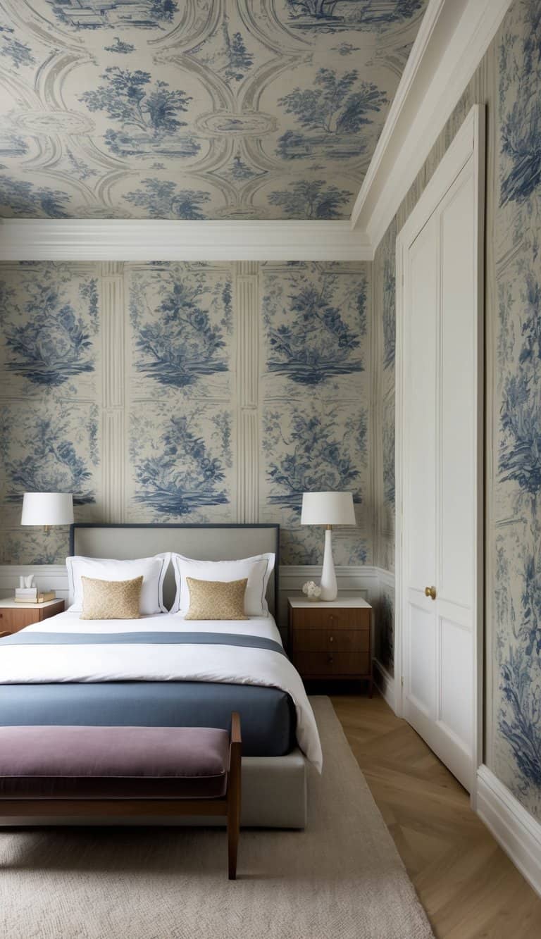 A bedroom with floor-to-ceiling historic toile wallpaper, featuring intricate patterns in bold and subtle colors