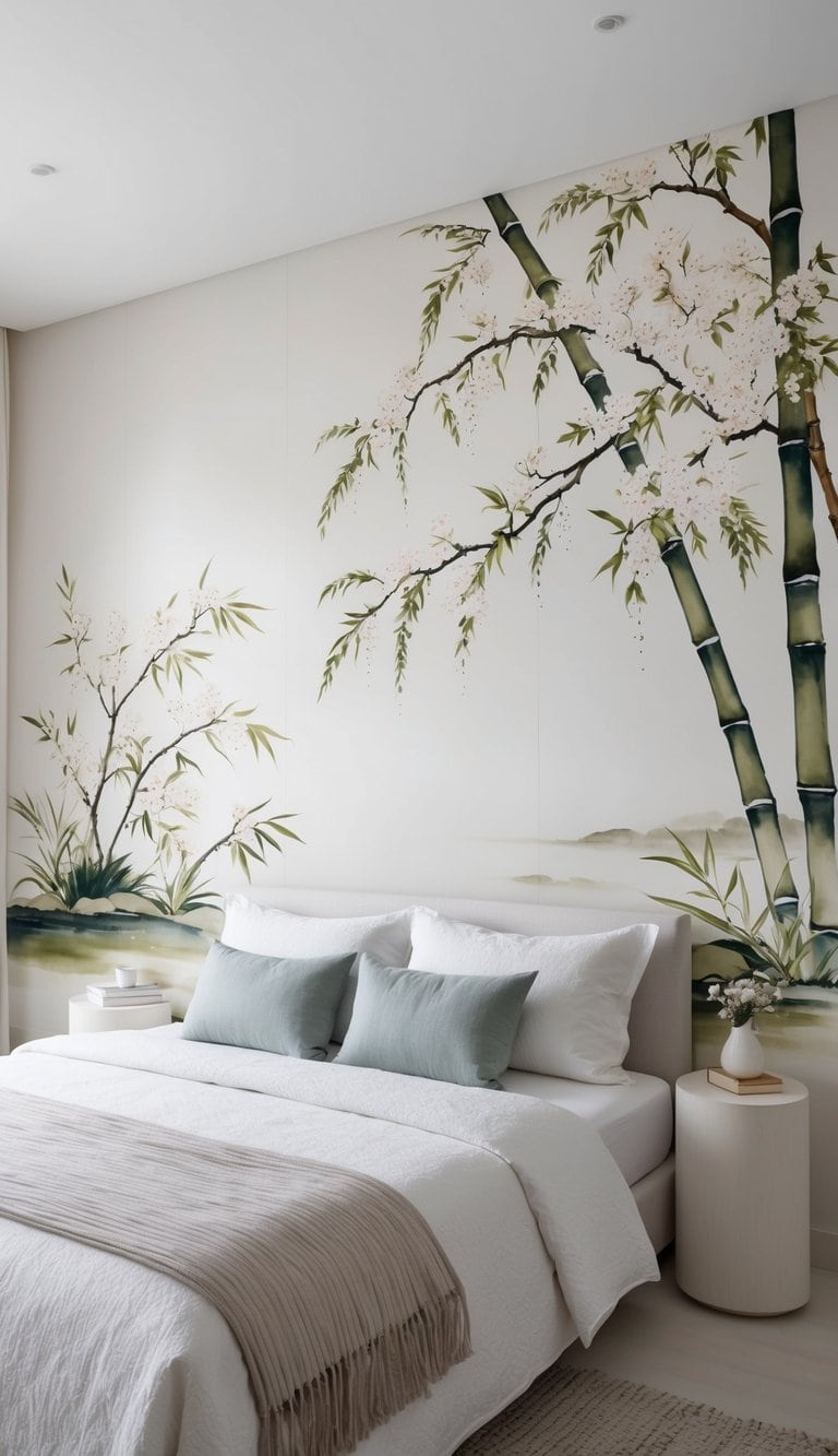 A serene bedroom with a large, intricately painted Japanese Sumi-e mural covering one wall, featuring flowing bamboo and delicate cherry blossoms