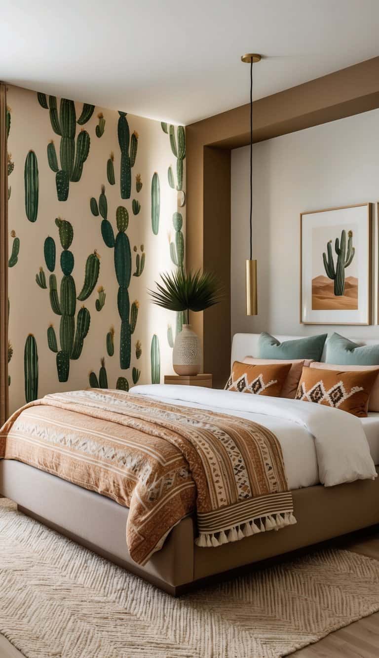 A bedroom with cactus and desert-themed wallpaper, warm earth tones, and patterned textiles