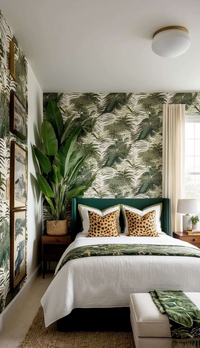 A safari-themed bedroom with animal print wallpaper, jungle foliage, and a sense of adventure