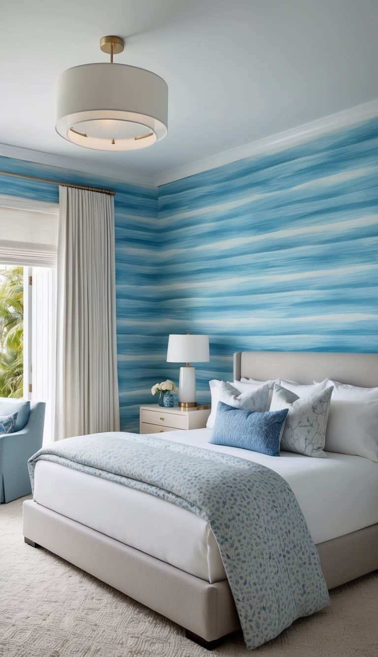 A serene bedroom with coastal-themed wallpaper in shades of calming blue, accented with patterned textiles and soft lighting