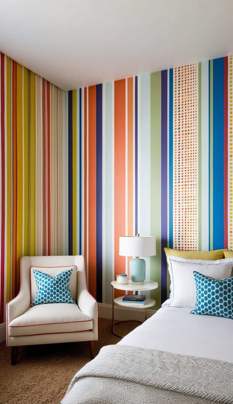 Vibrant stripes and dots cover the bedroom walls, creating a dynamic and lively atmosphere