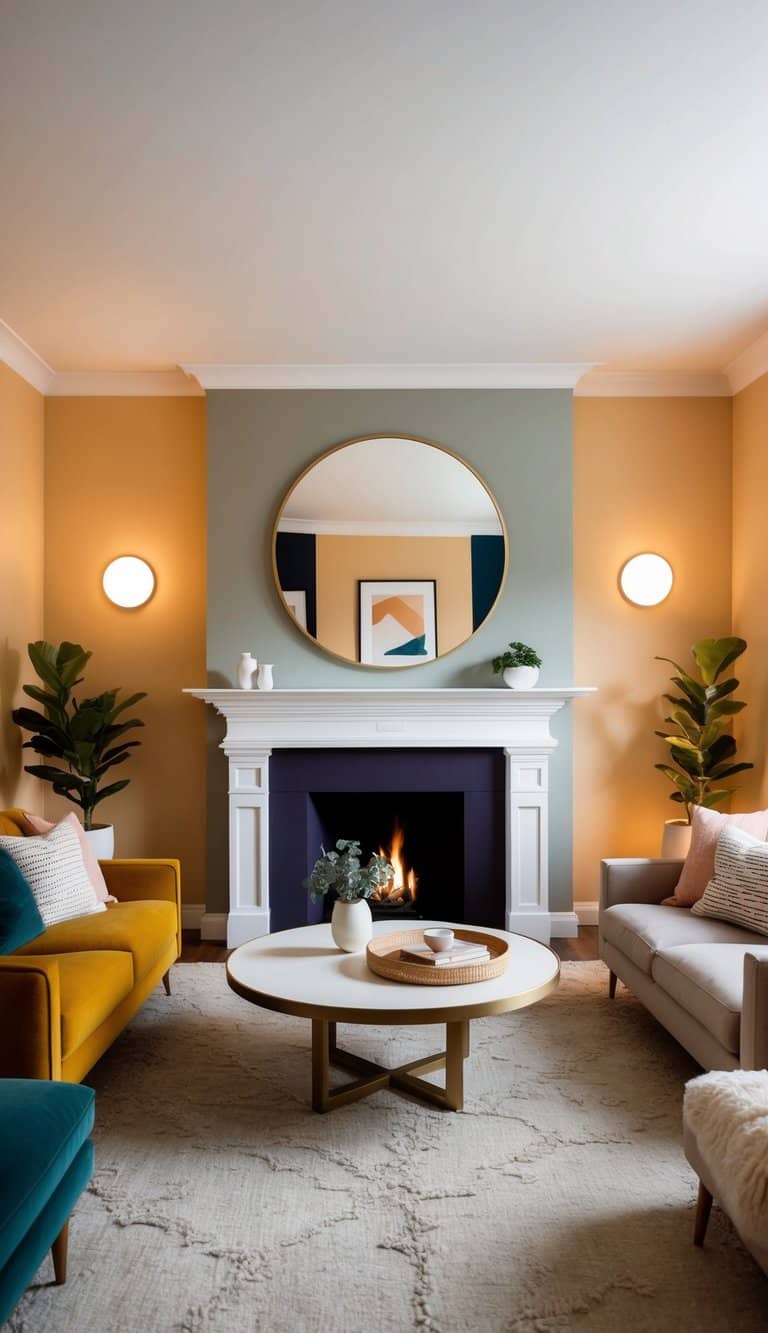 A cozy living room with a painted fireplace as the focal point, featuring bold colors and muted tones, surrounded by comfortable seating and warm lighting