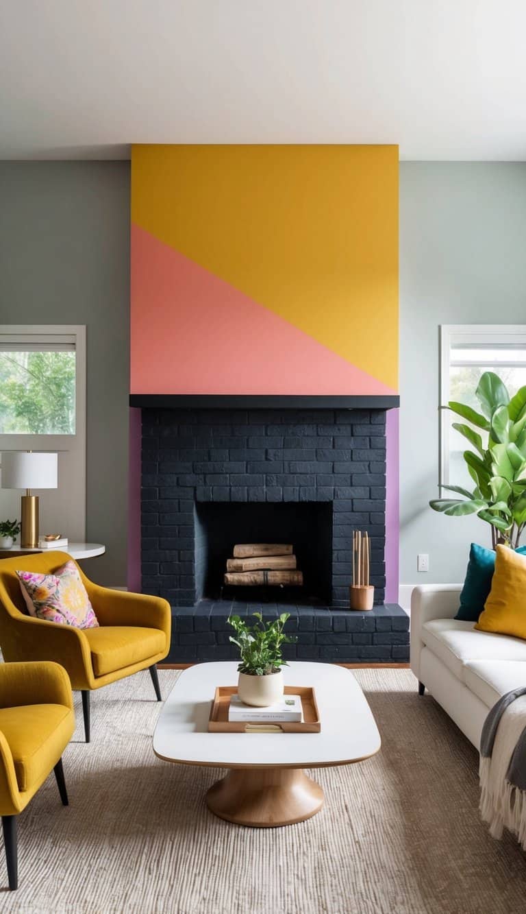A black brick fireplace undergoes a vibrant transformation with bold painted colors, creating a striking focal point in the room