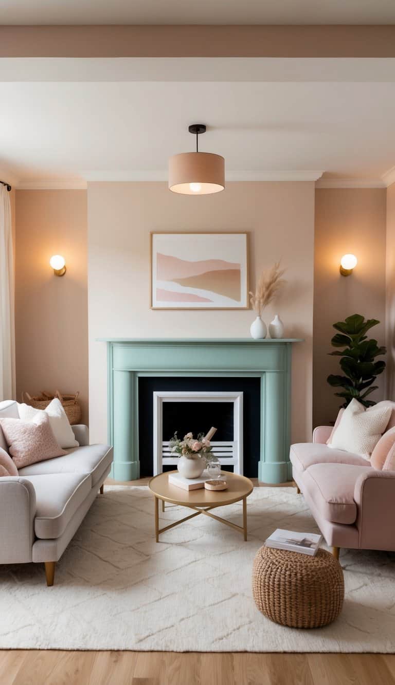A cozy living room with a painted fireplace in soft pastel colors, surrounded by comfortable seating and warm lighting