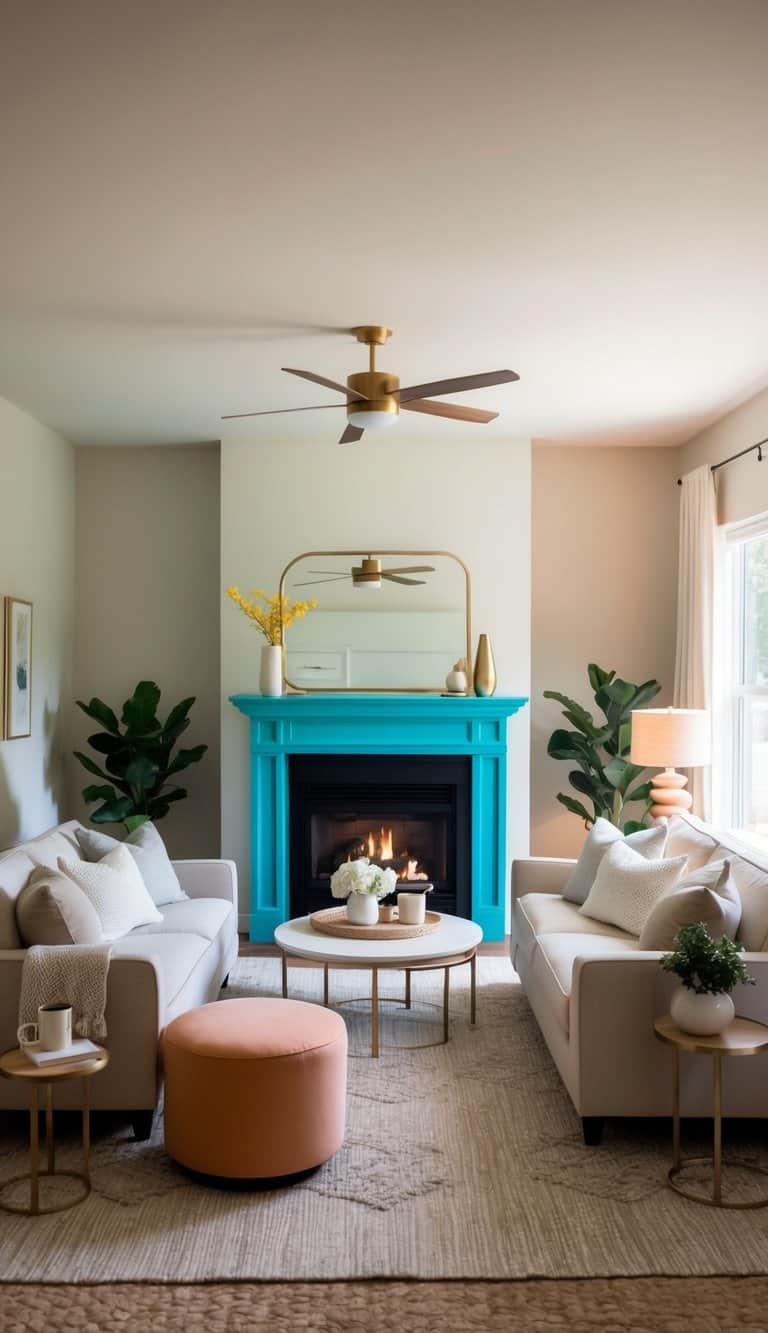 A cozy living room with a turquoise painted fireplace as the focal point, surrounded by comfortable seating and warm lighting