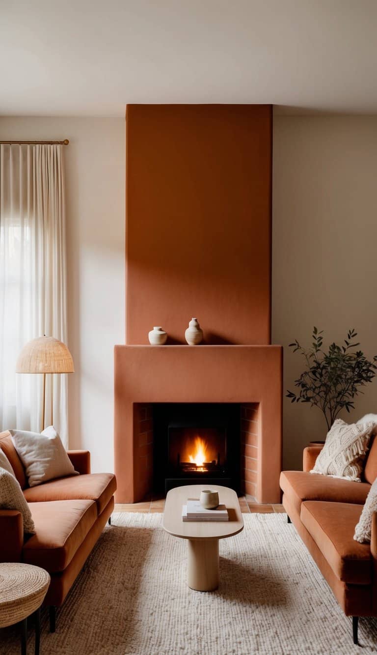 A cozy living room with a terracotta-painted fireplace, casting a warm glow over the room