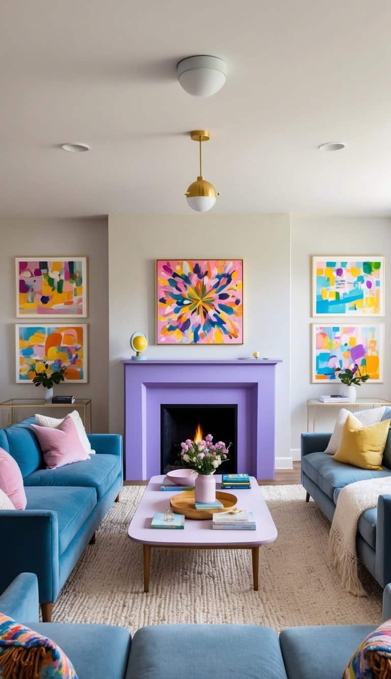 A cozy living room with a lavender-painted fireplace, surrounded by colorful artwork and plush furniture