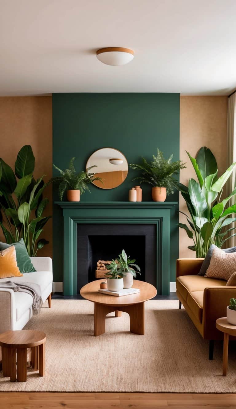 A cozy living room with a forest green painted fireplace, surrounded by lush plants and warm earthy tones