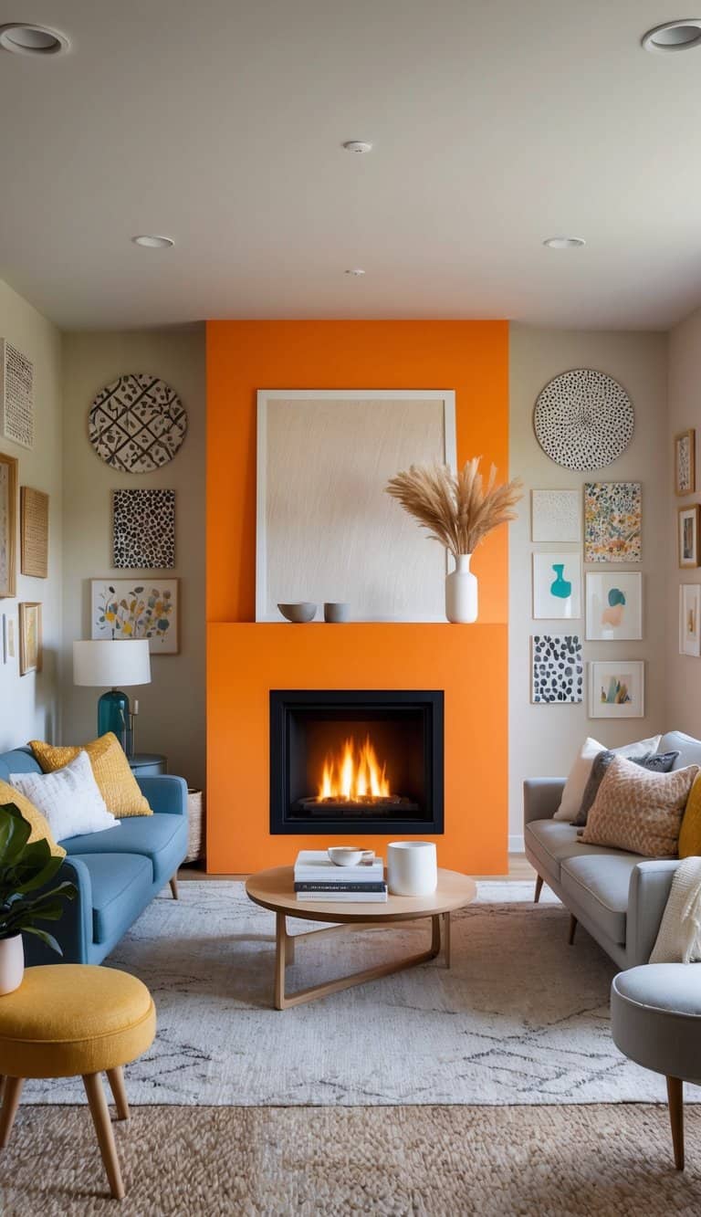 A cozy living room with a bright orange fireplace as the focal point, surrounded by various painted designs and patterns