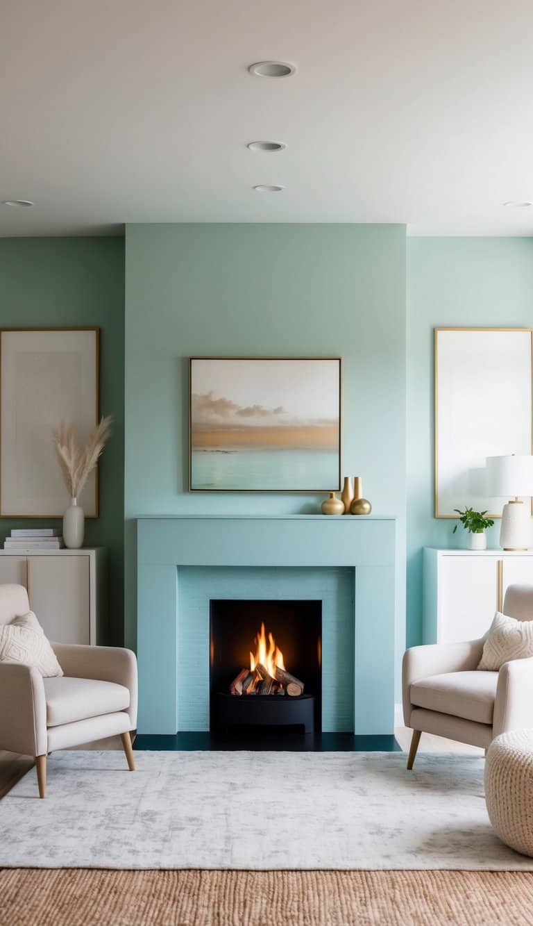 A powder blue fireplace with a crackling fire, surrounded by cozy armchairs and a soft rug