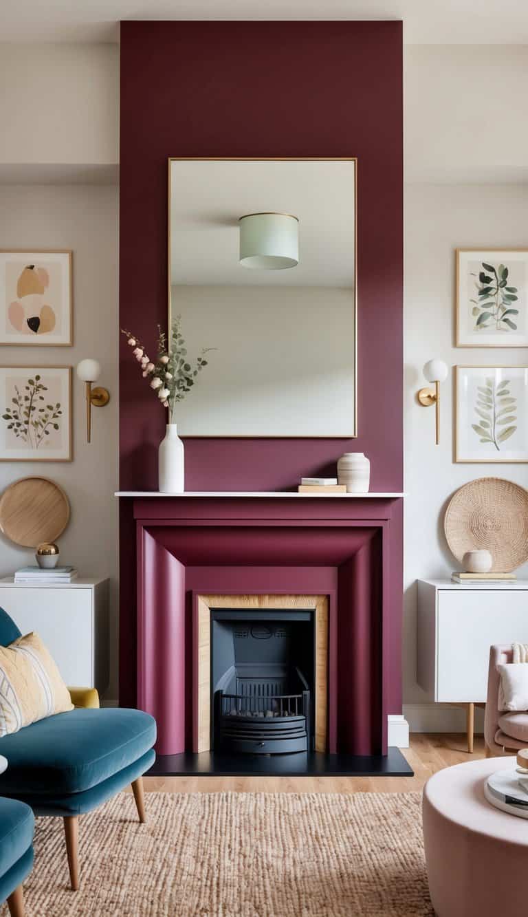 A rich burgundy fireplace with a bold flare, surrounded by various painted ideas to revamp the hearth