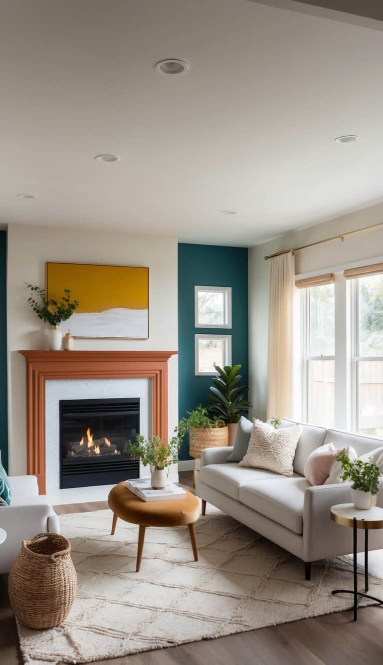 A cozy living room with a chestnut-toned fireplace as the focal point, surrounded by various painted designs and color schemes