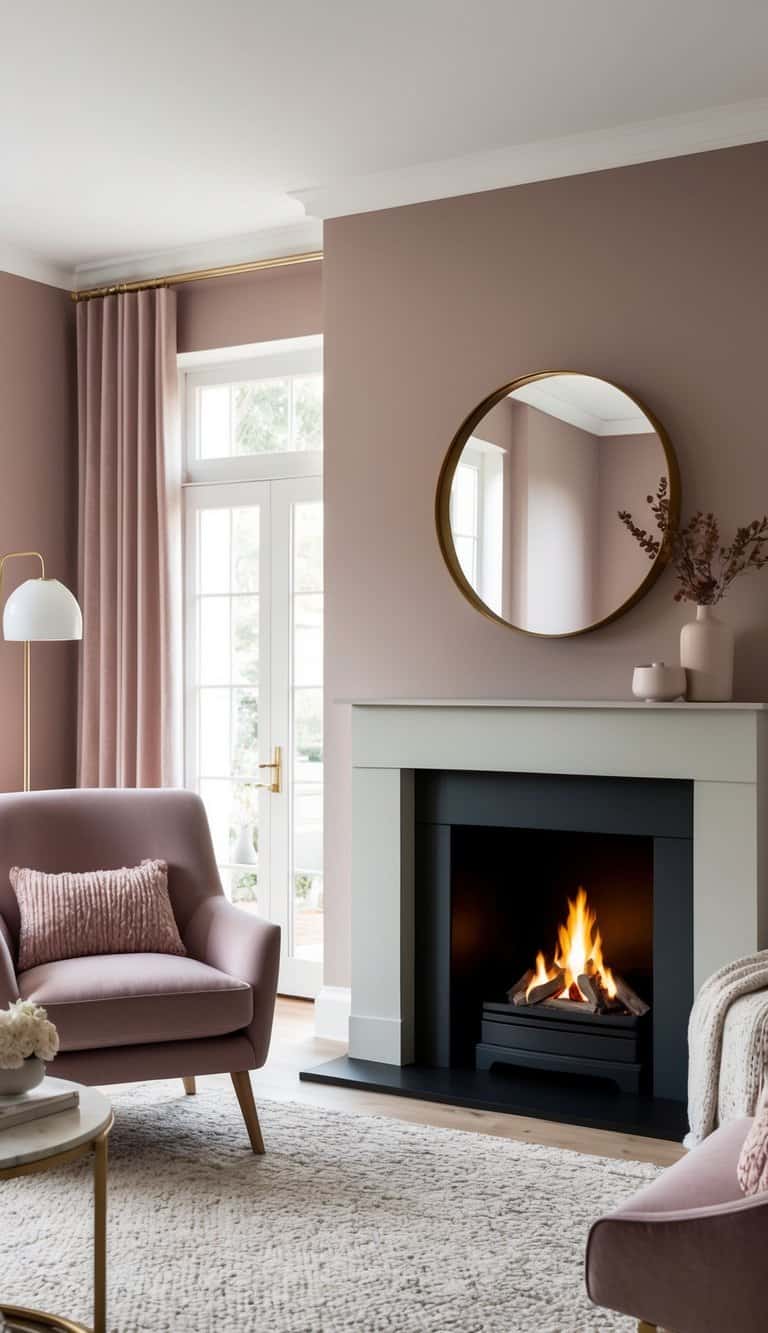 A dusty rose shade painted fireplace with a cozy armchair and a crackling fire