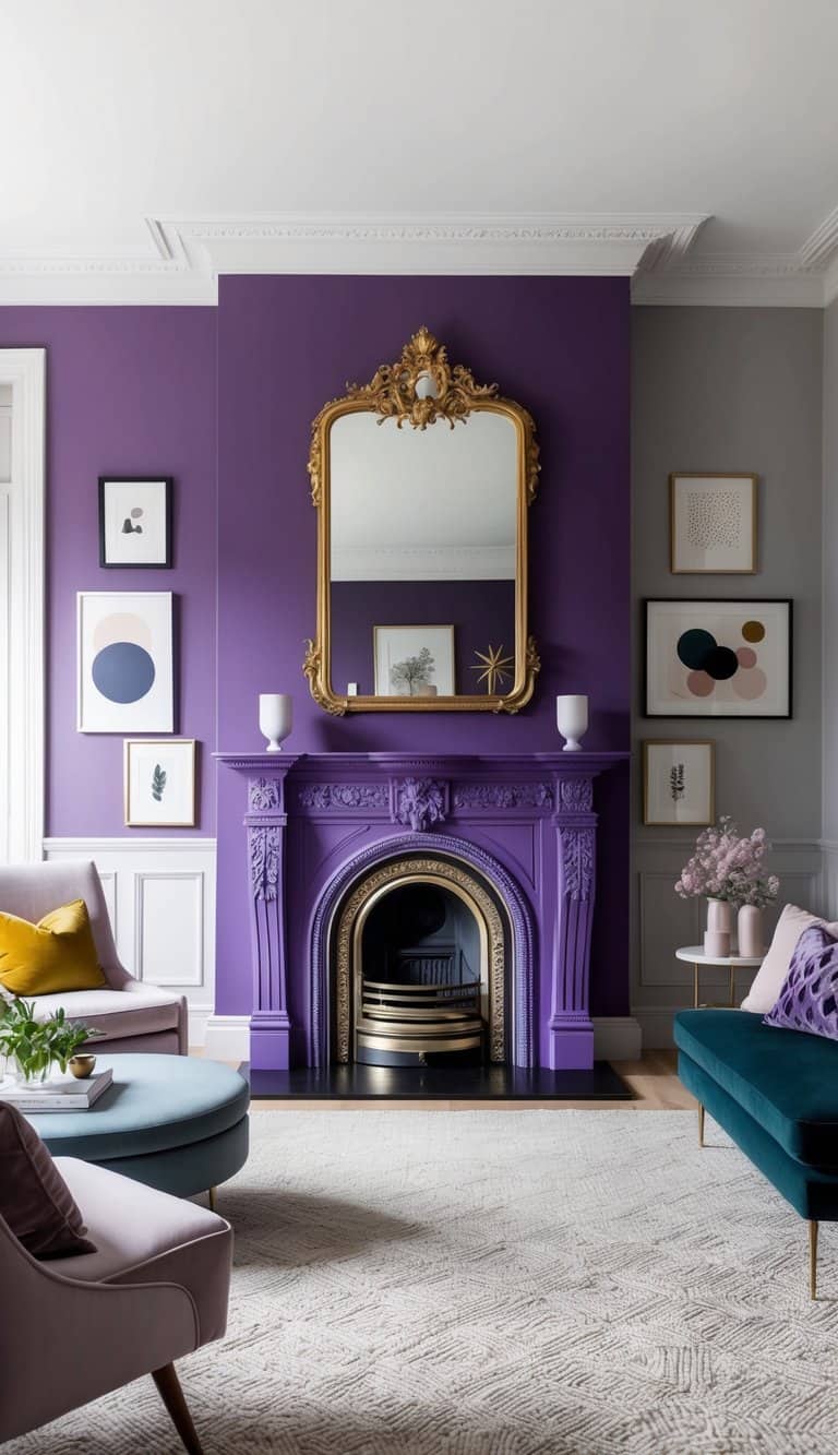A regal purple fireplace with ornate details, surrounded by various painted designs and color schemes