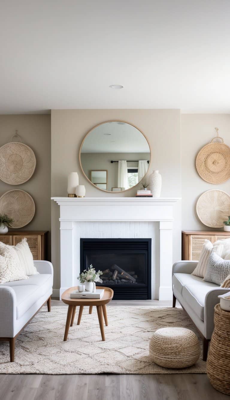 A cozy living room with a painted fireplace as the focal point, surrounded by various decorative elements and furniture