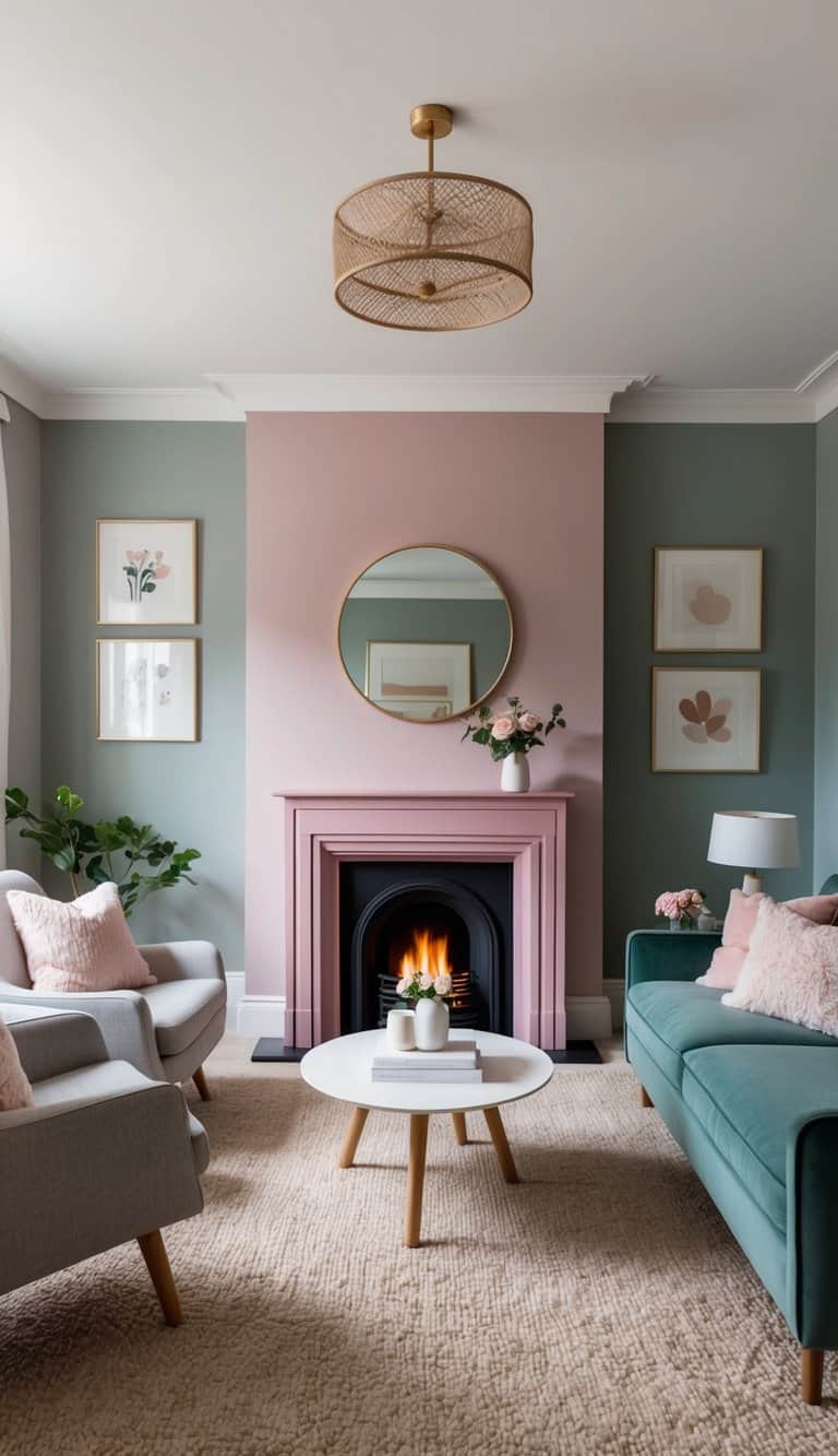 A cozy living room with a dusky pink tinted fireplace as the focal point, surrounded by various painted designs and color schemes