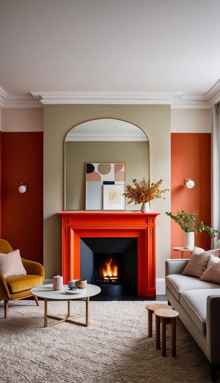 A vibrant vermillion painted fireplace with bold colors and muted tones, creating a striking focal point in a cozy living room setting