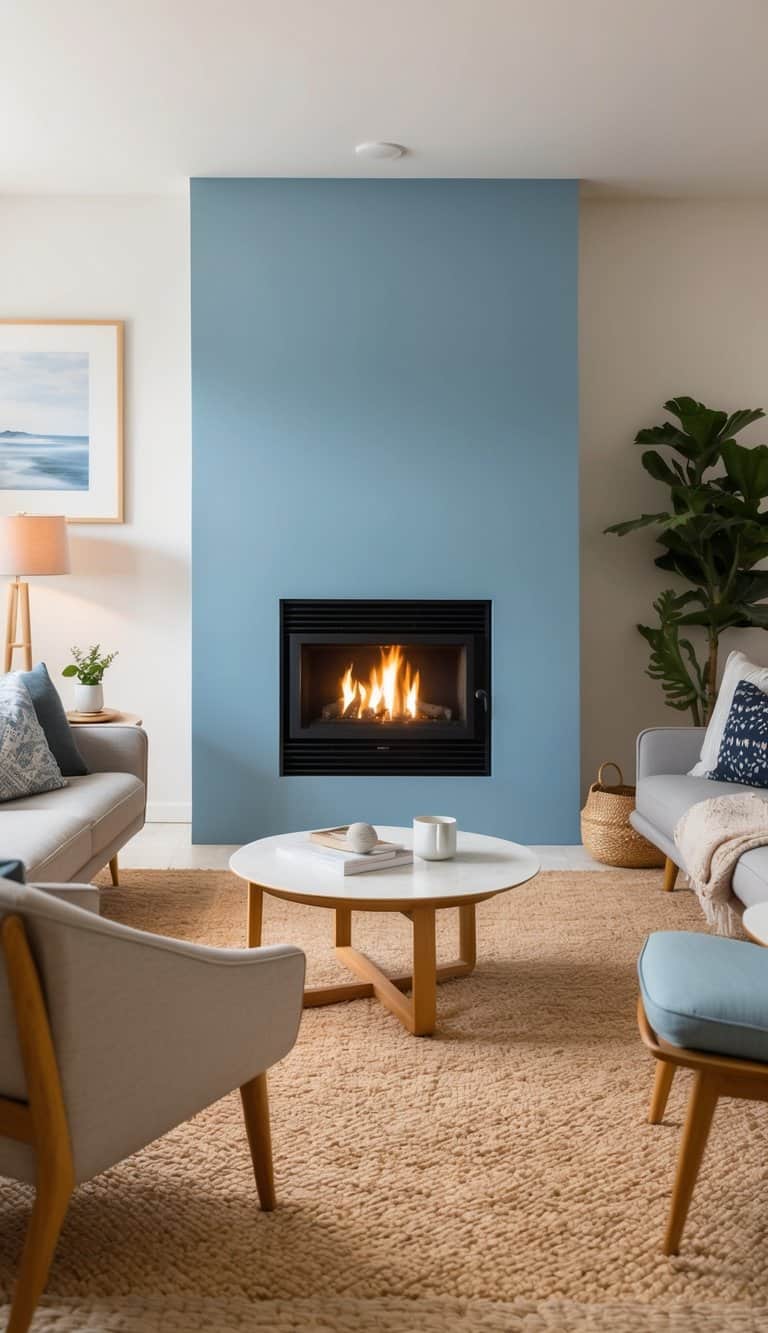 A cozy living room with a sky blue painted fireplace as the focal point. Warm light from the fire creates a welcoming atmosphere