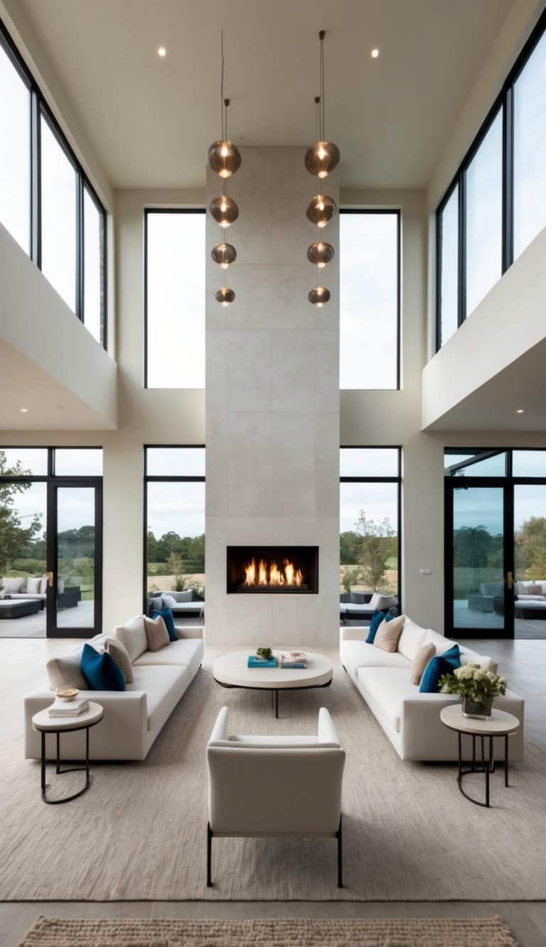A modern, open-plan living room with a grand, floor-to-ceiling fireplace as the focal point, surrounded by sleek, minimalist furnishings and large windows offering a view of the outdoors
