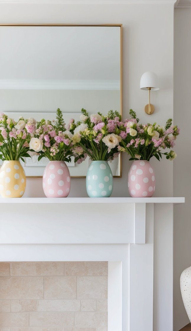 A mantel adorned with pastel polka dot vases filled with fresh blooms