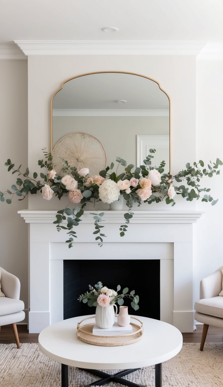 A mantel adorned with pastel flowers and eucalyptus sprigs