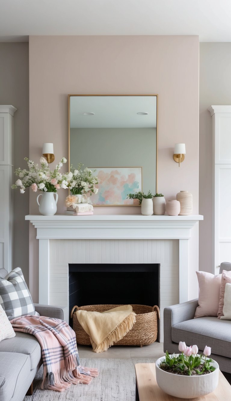A cozy living room mantel adorned with plaid throw blankets, pastel tones, and fresh spring blooms