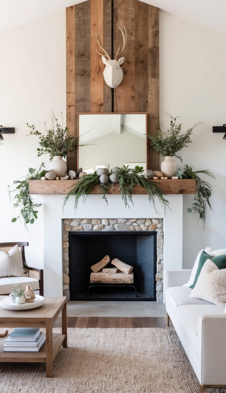 A rustic mantel adorned with natural elements like wood, stone, and greenery, creating an elegant and earthy display