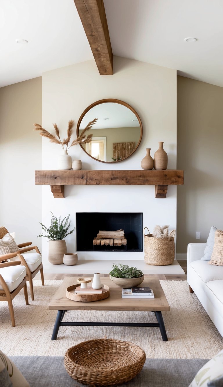 A cozy living room with a reclaimed wood beam mantel adorned with earthy decor and natural textures