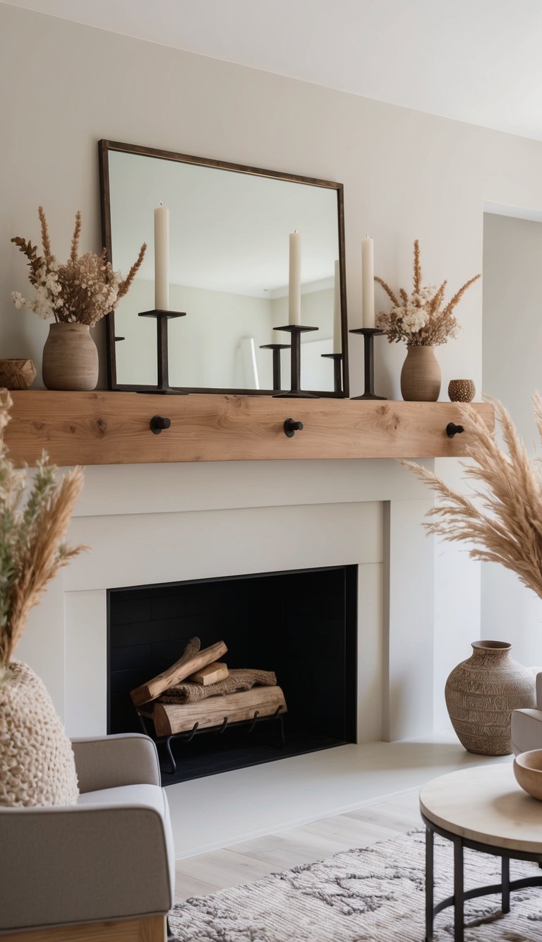 A wooden mantel adorned with antique iron candle holders, surrounded by natural elements like dried flowers and textured pottery