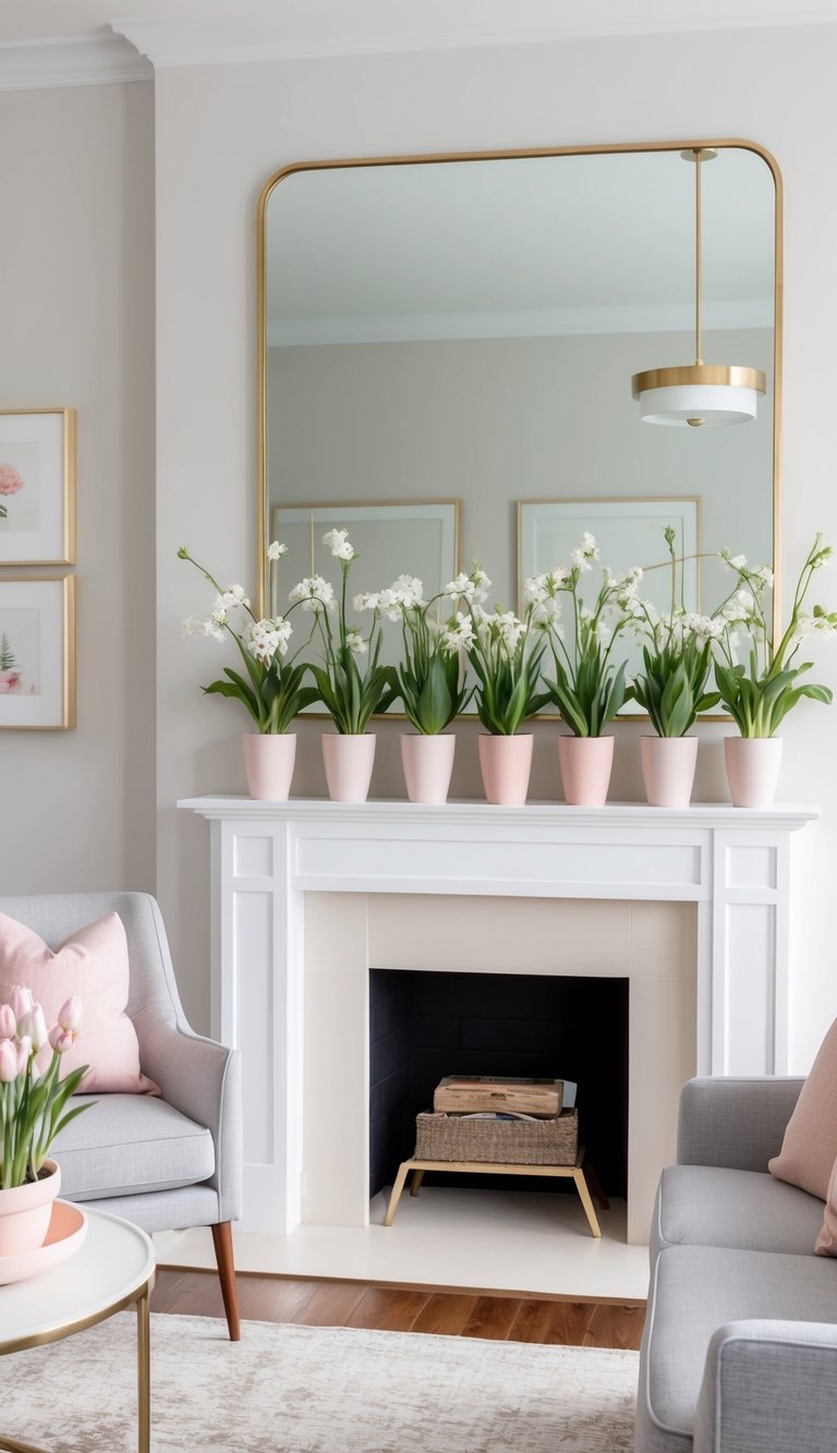 A mantel adorned with pastel planters and fresh spring blooms