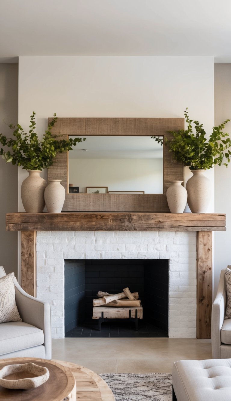 A rustic mantel adorned with natural stone vases, surrounded by earthy textures and distressed wood accents