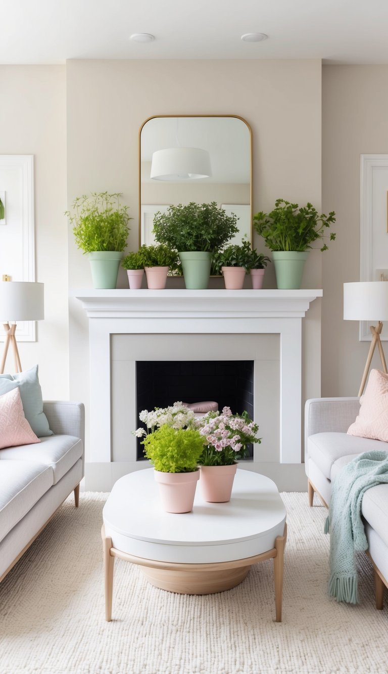 A spring mantel adorned with pastel-toned fresh herb pots and blooming flowers
