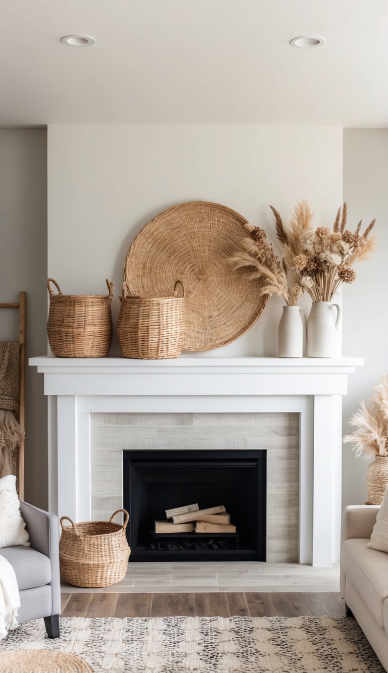 A cozy fireplace mantel adorned with wicker baskets, dried flowers, and rustic decor
