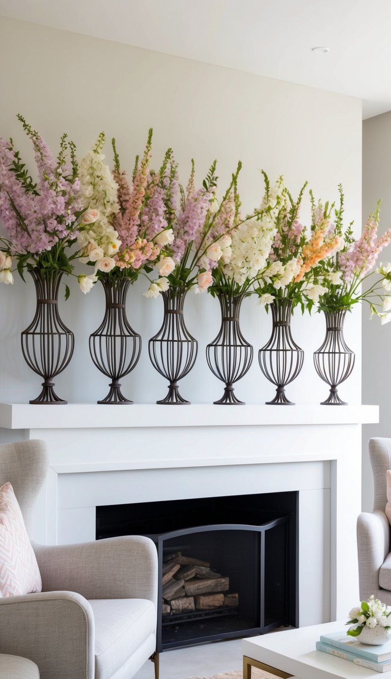 A collection of wrought iron vases filled with pastel-toned fresh blooms, arranged on a spring mantel