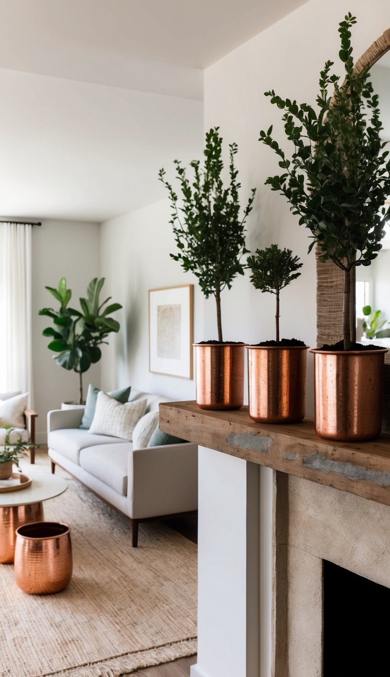 Copper planters arranged on a rustic mantel with natural textures and greenery