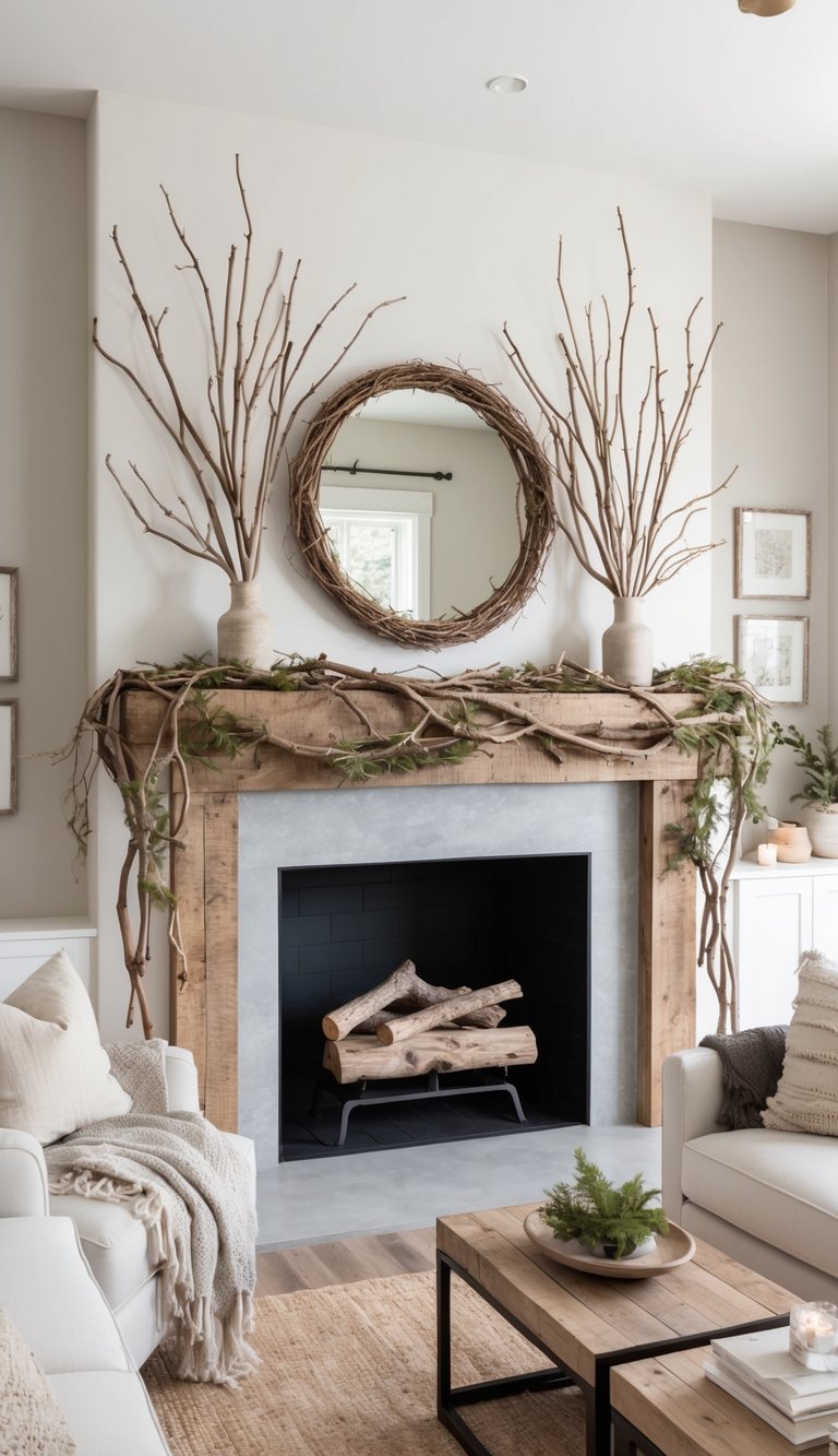 A rustic mantel adorned with natural branches and twigs, accented with earthy textures and distressed elements for a natural and elegant styling