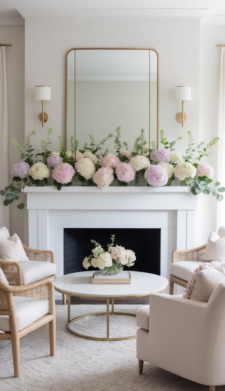 A mantel adorned with pastel hydrangea sprigs and fresh blooms