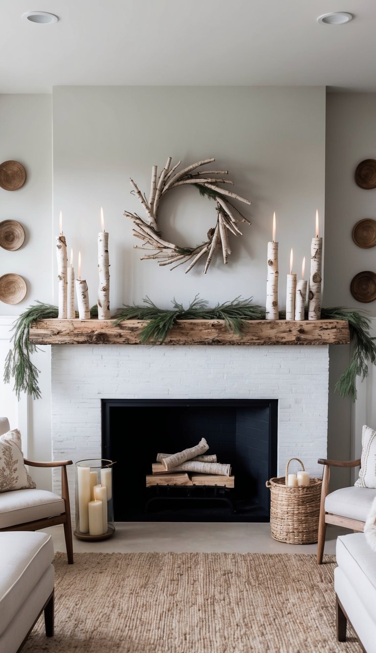 A rustic mantel adorned with birch bark candles, surrounded by natural elements for a cozy and elegant ambiance