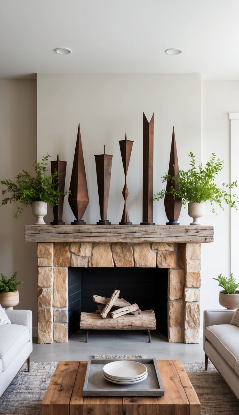 A collection of rusty metal sculptures arranged on a rustic mantel, surrounded by natural elements such as wood, stone, and greenery