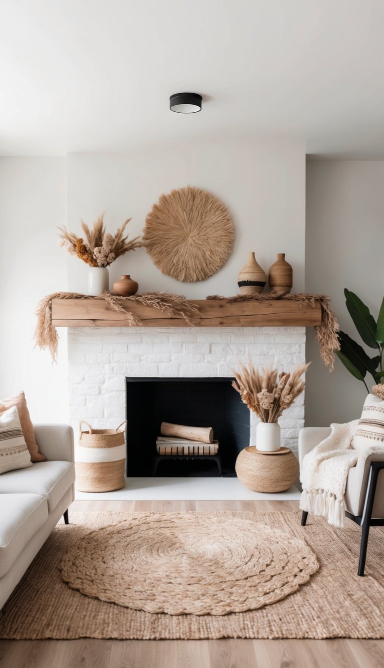 A cozy rustic mantel adorned with natural fiber rugs, dried flowers, and earthy decor