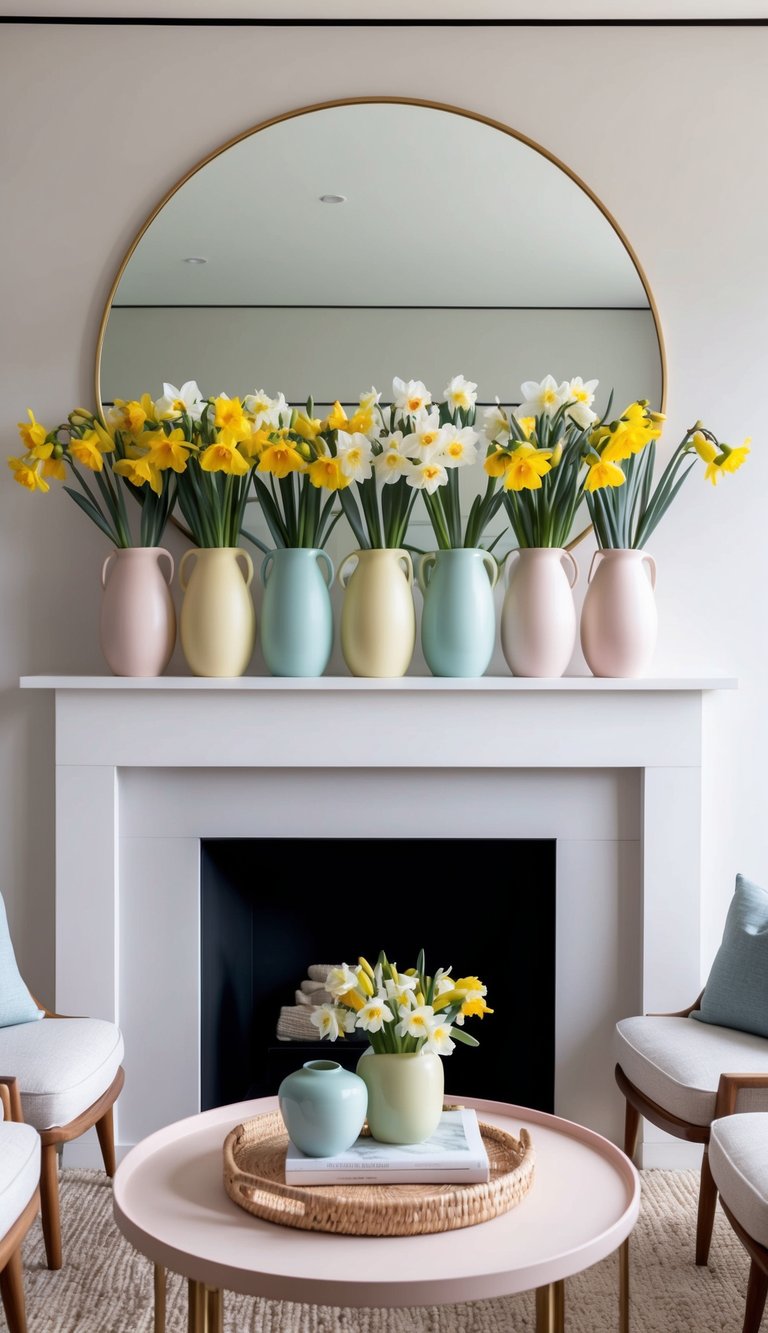 A mantel adorned with pastel-colored vases filled with fresh daffodils and other spring blooms