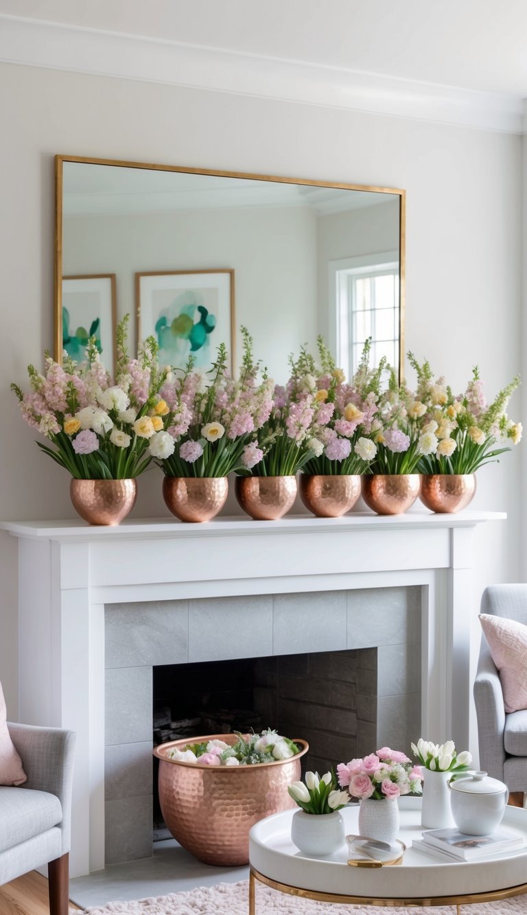 A collection of hammered copper bowls filled with pastel-toned fresh blooms sits atop a spring mantel, adding a touch of elegance and freshness to the decor