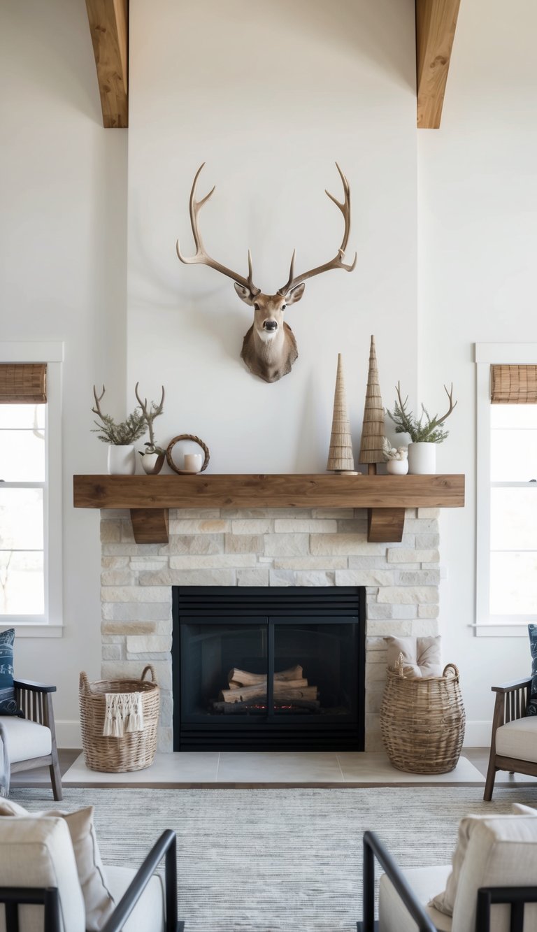 A wooden mantel adorned with antler mounts, surrounded by rustic decor and natural textures